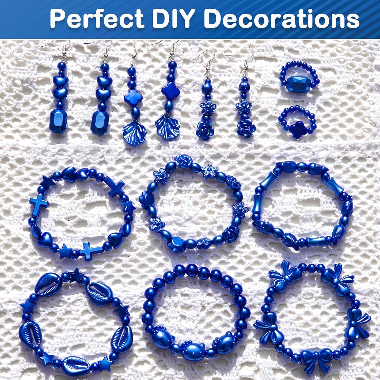1170 Pcs ABS Imitation Pearl Beads for Jewelry Making, Assorted Heart Star Bowknot Circle Flower Aesthetic Cute Bead for Bracelet Necklaces Earrings Key Chains DIY Phone Charm Crafts (Blue) image 4