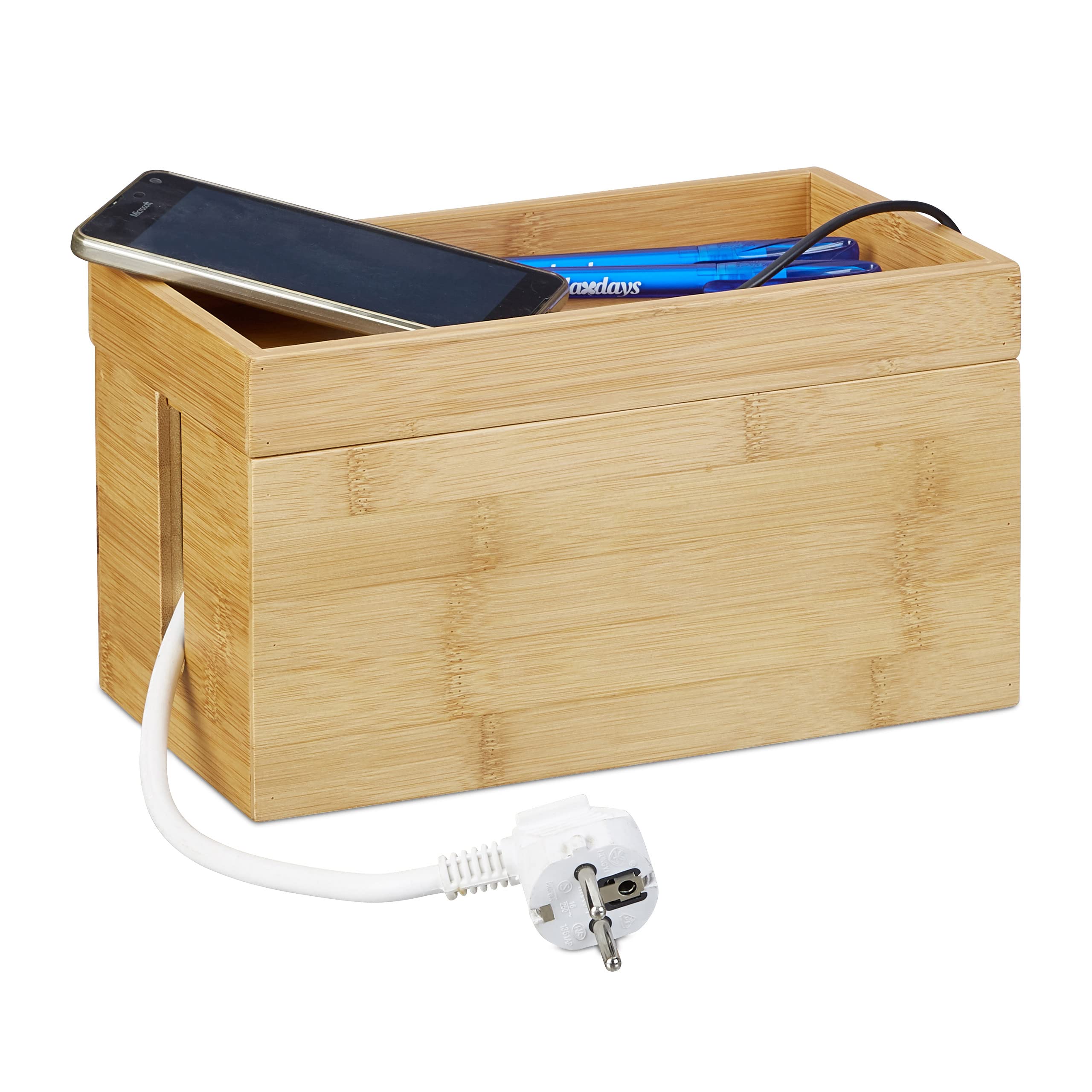 Relaxdays Portaoggetti Ricarica Multipla, Nascondi Cavi, Compatto, Universale, Pratico, HxLxP: 14 x 25,5 x 14 cm, legno