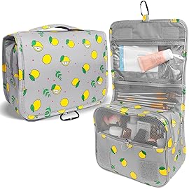 LAKIBOLE Travel Essentials Organizer Bag for Women Toiletry Bag Hanging Multifunction Cosmetic Bag Portable Makeup Pouch Waterproof (Grey & Lemon)