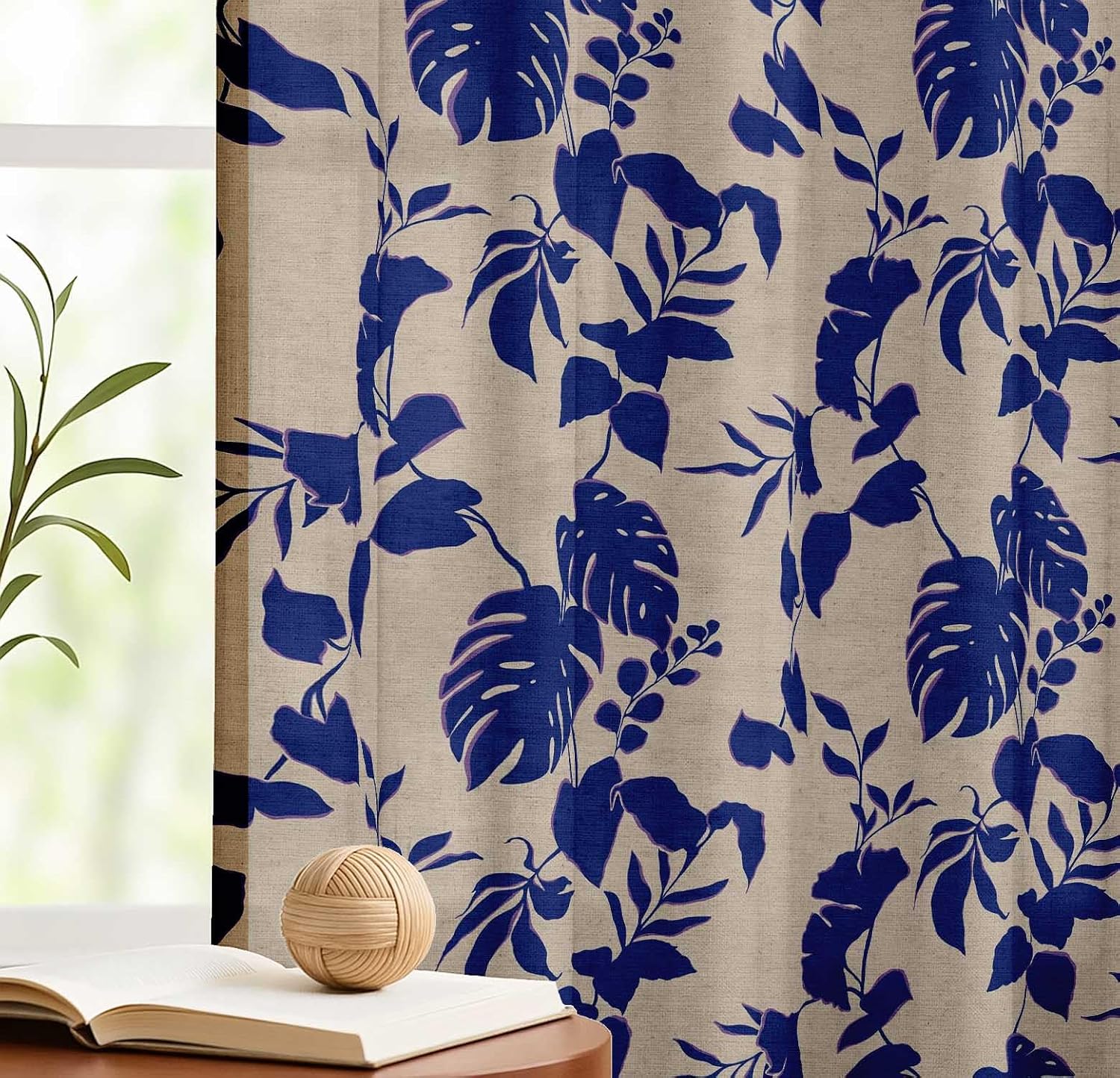 Cotton Curtains for Windows - 3-in-1 Rod Pocket/Back Tab Short Window Drapes - Light Filtering Cotton Panels - Set of 2, 52"x63" - Vines Motif Design (Blue)
