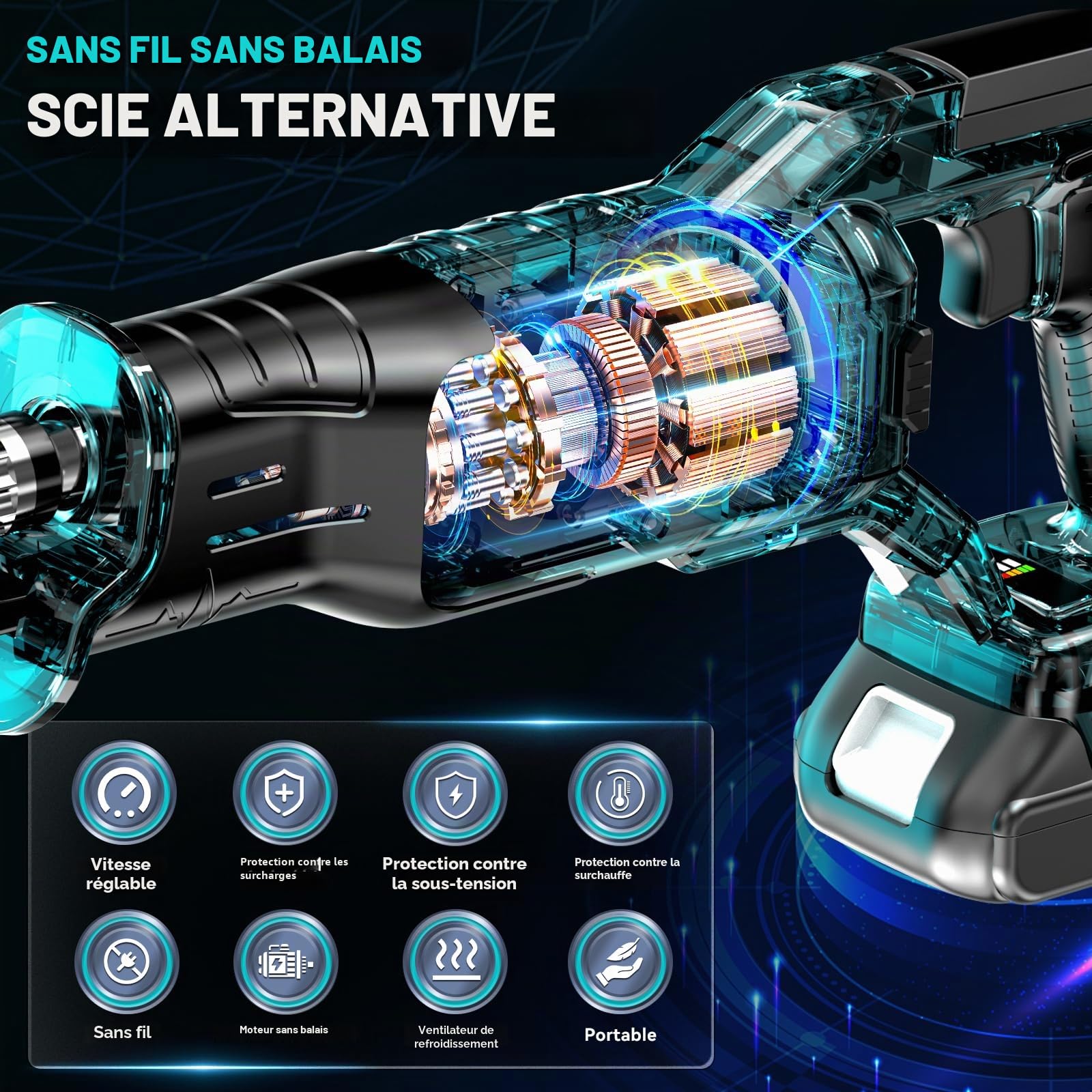 LIVOWALNY Scie Sabre Sans Fil Compatible avec Makita 18V, Moteur Brushless, 3200 cps/min, 3 Vitesses, Changement de Lame Sans Outil, LED, 4 Lames Bois/Métal/PVC(Outils Uniquement)-Bleu