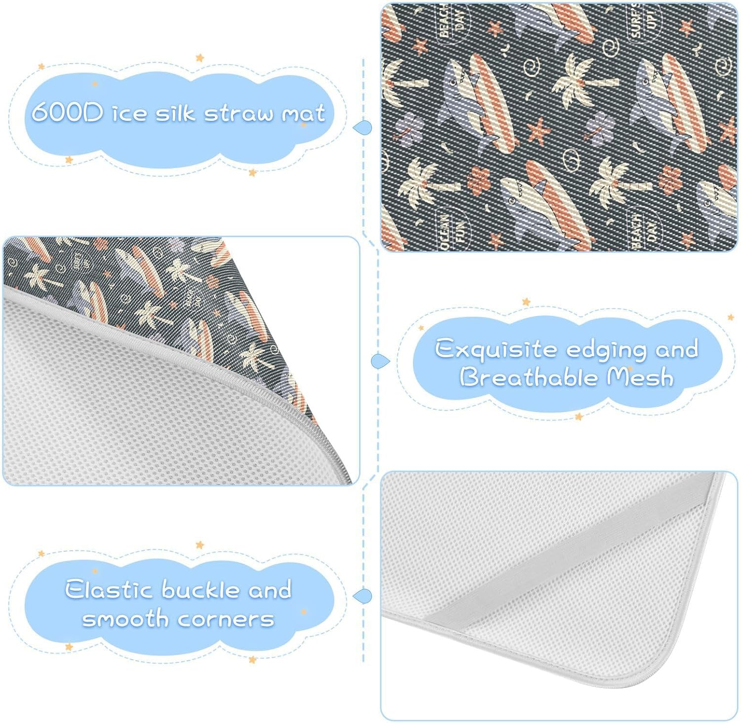 Baby Cooling Mat Surfing Shark Ice Silk Breathable Mesh Summer Crib Mattress Pad with Pillowcase, Soft Cooling Sleeping Surface for Infant & Toddler, 52"x28"