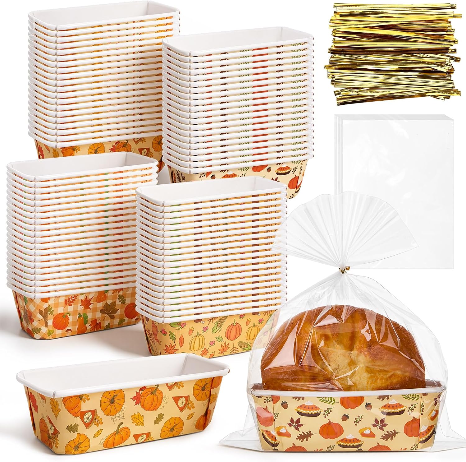 24 Sets Fall Paper Loaf Pan 6.3 x 2.2 x 2.2 Inch Disposable Mini Cake Pan with Clear Plastic Bags and Ties Rectangular Baking Mold for Thanksgiving Autumn Bread Brownies