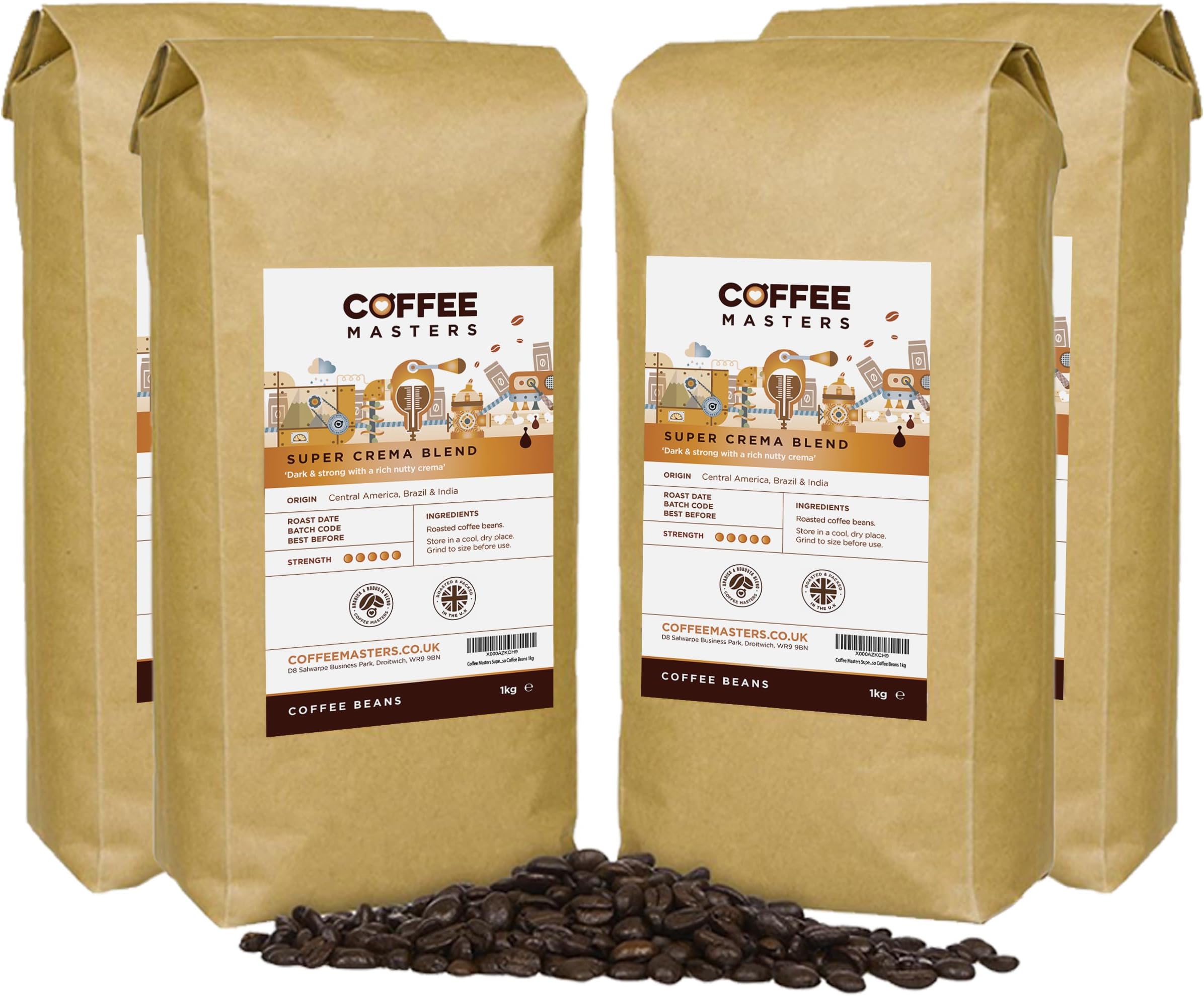 Super Crema Espresso Coffee Beans 4x1kg - Intensely Strong Dark Roasted Blend of Arabica and Robusta Whole Bean - Ideal for Barista Machines