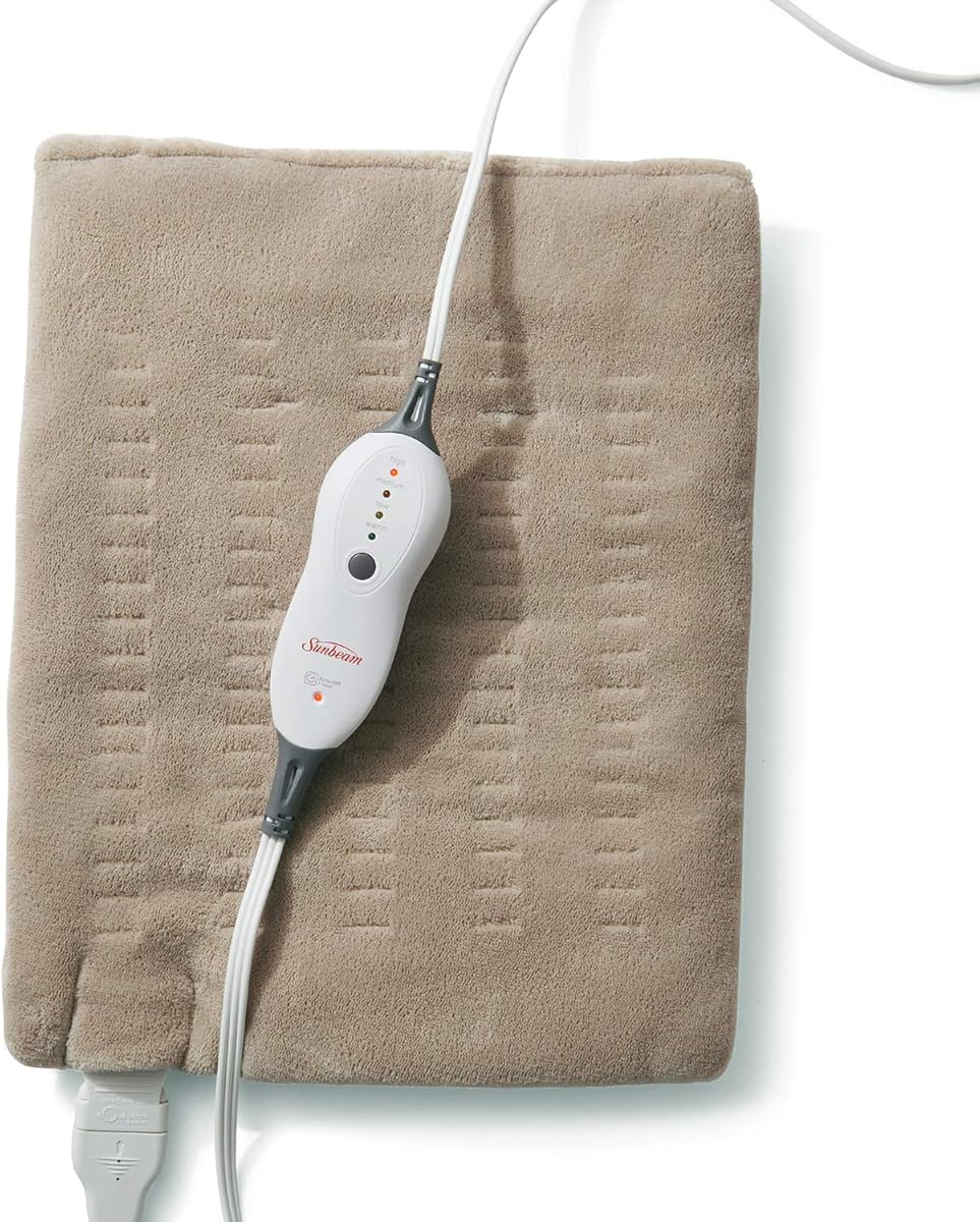 Sunbeam Premium Standard Size Heating Pad with Compact Storage - Moist Electric Heating Pad for Targeted Pain Relief of Back, Neck and Shoulders, 4 Heat Settings, 2 Hour Auto-Off, 12 x 15 inch, Beige