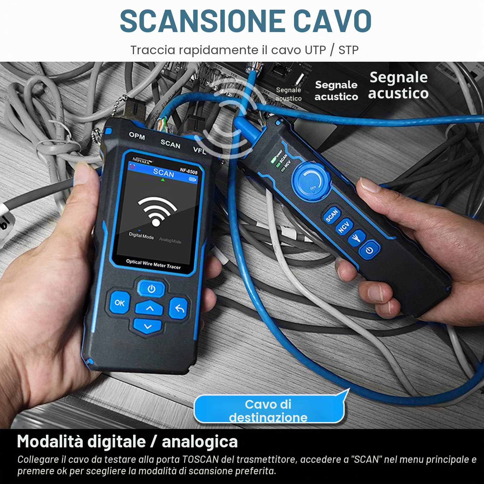 Tester per cavo di rete con misuratore di potenza ottica PoE multifunzione, tracker di cavi RJ11 RJ45 LAN cavo toner Cat5 Cat6 cavo Ethernet plotter con NCV, supporto tipo C, B