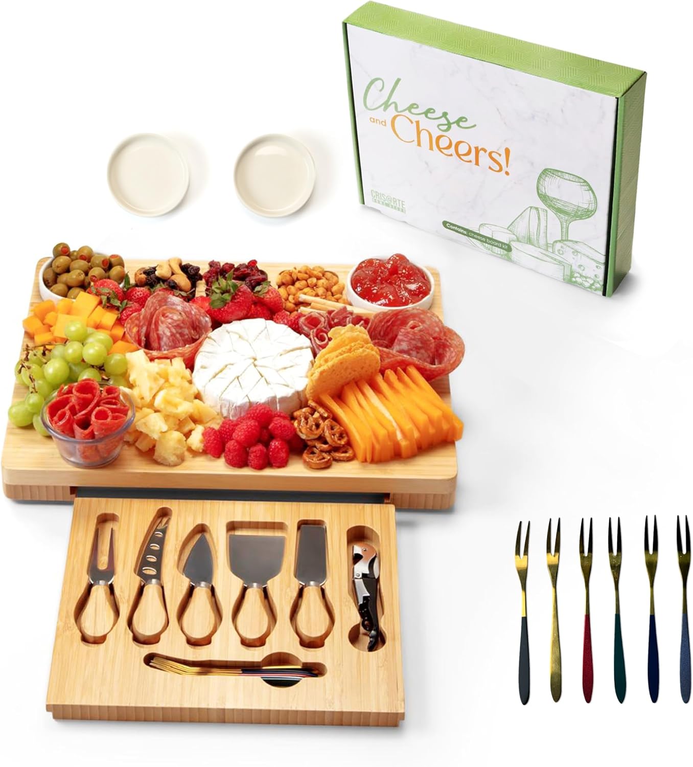 Charcuterie Board and Cheese Board Set with Knives, Bowls, Color Forks & Wine Opener – Premium Appetizer Platter with Compartments, Eco Friendly Charcuterie Accessories for Stylish Hosts.