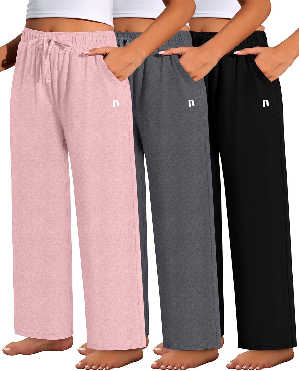Neer 3 Pack Women's Plus Size Pants with Back Pockets, Wide Leg Casual Pants High Waist Lounge Elastic Drawstring Yoga Jogger