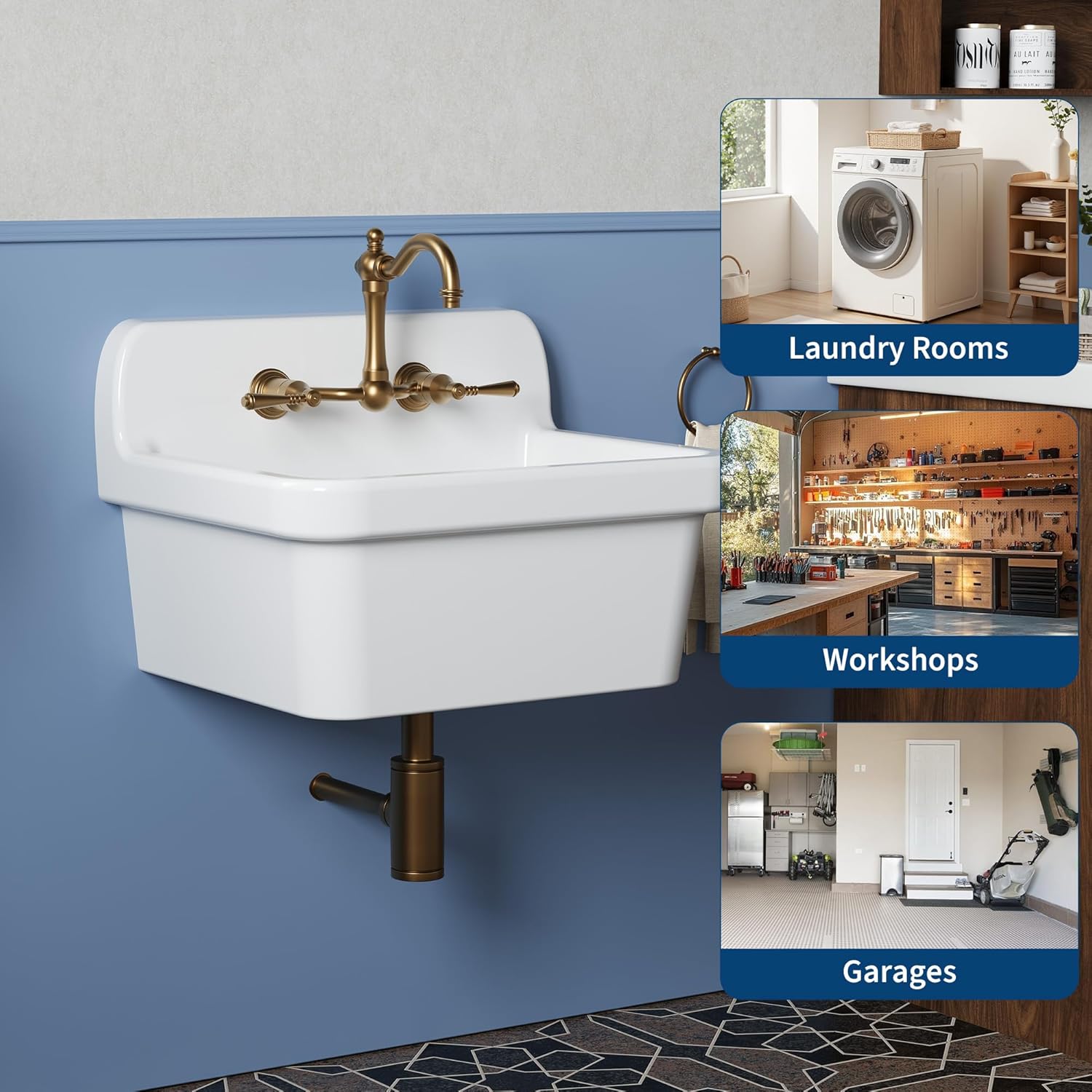 30x20 Inch White Ceramic Wall Mount Sink, Utility Laundry Tub with Deep Basin, Wall Hung Wash Station for Garage Mudroom Basement, Rust Free Porcelain Basin, No Faucet or Pedestal