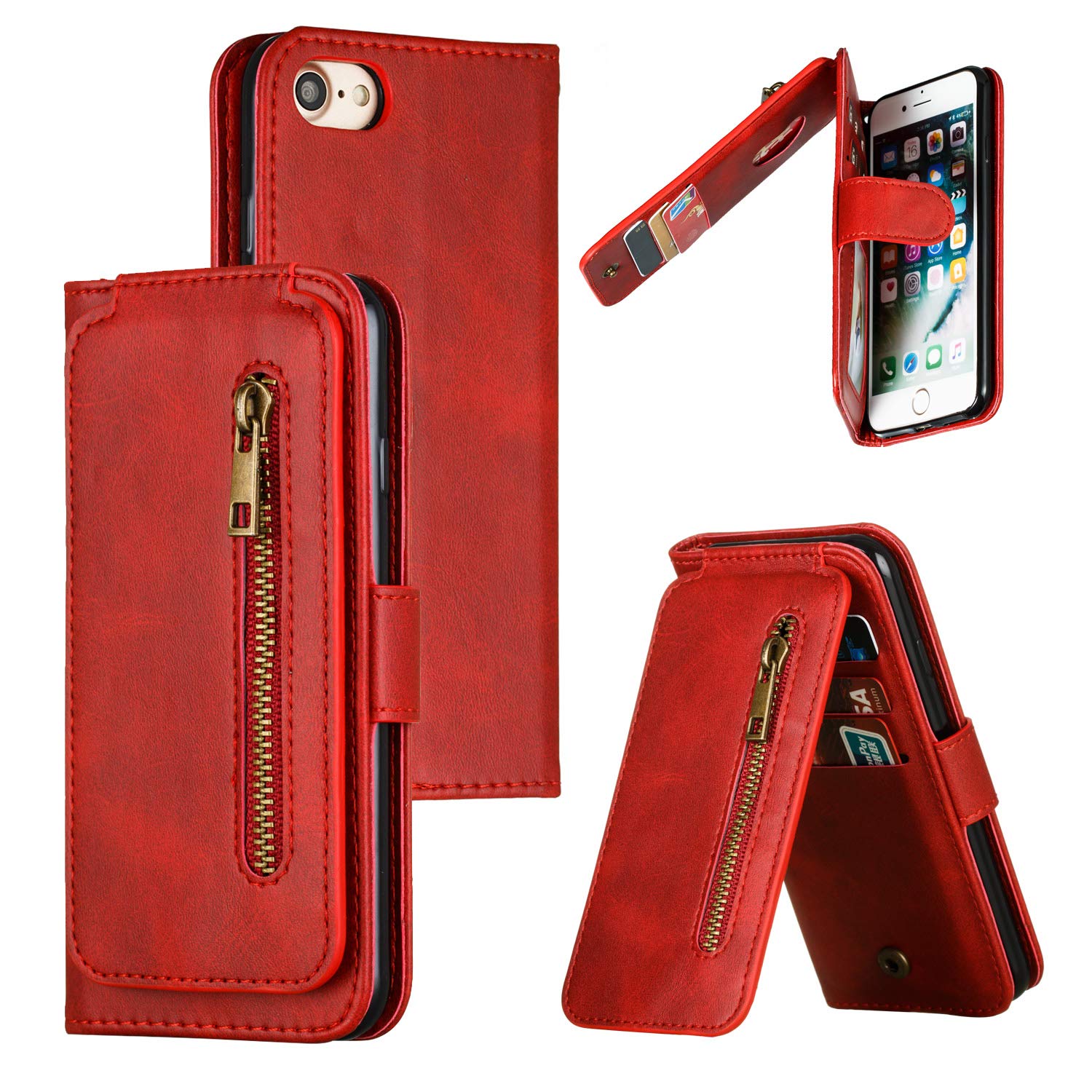QLTYPRI Custodia A Portafoglio In Pelle Per IPhone 7 Plus/8 Plus - Grande Capacità Con 7 Slot Carte, Tasca Cerniera E Cinturino Da Polso - Nero - 2