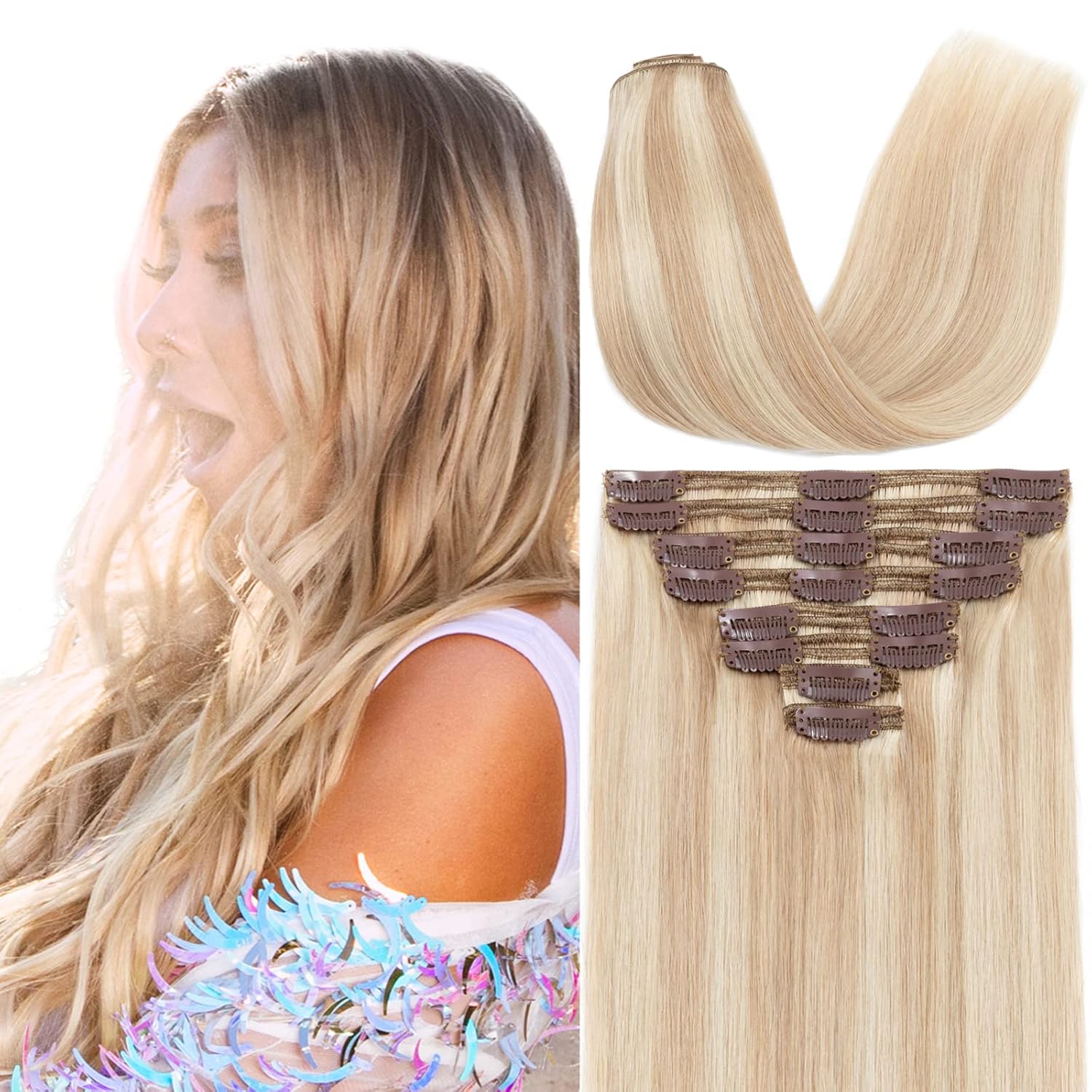 S-noilite Clip in Human Hair Extensions Balayage 100% Real Human Hair Thick True Double Weft Full Head 8 Pieces 18 clips Straight silky (18 inch - 140g,Ash Blonde/Bleach Blonde (#18/613))