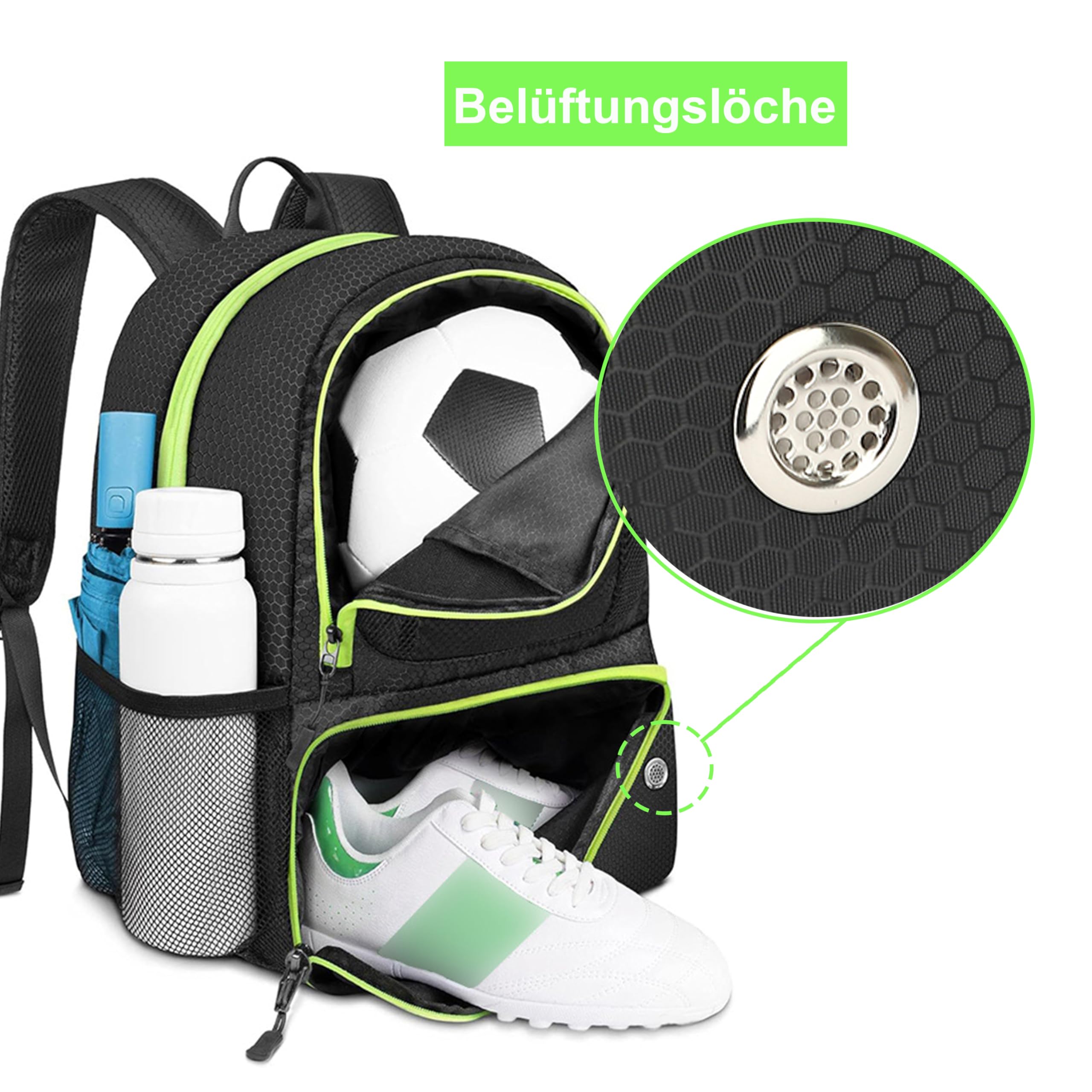 Mochila de fútbol, mochila de baloncesto con compartimento para pelotas y compartimento para zapatos, mochila deportiva ligera, resistente al agua, bolsa de equipamiento deportivo para