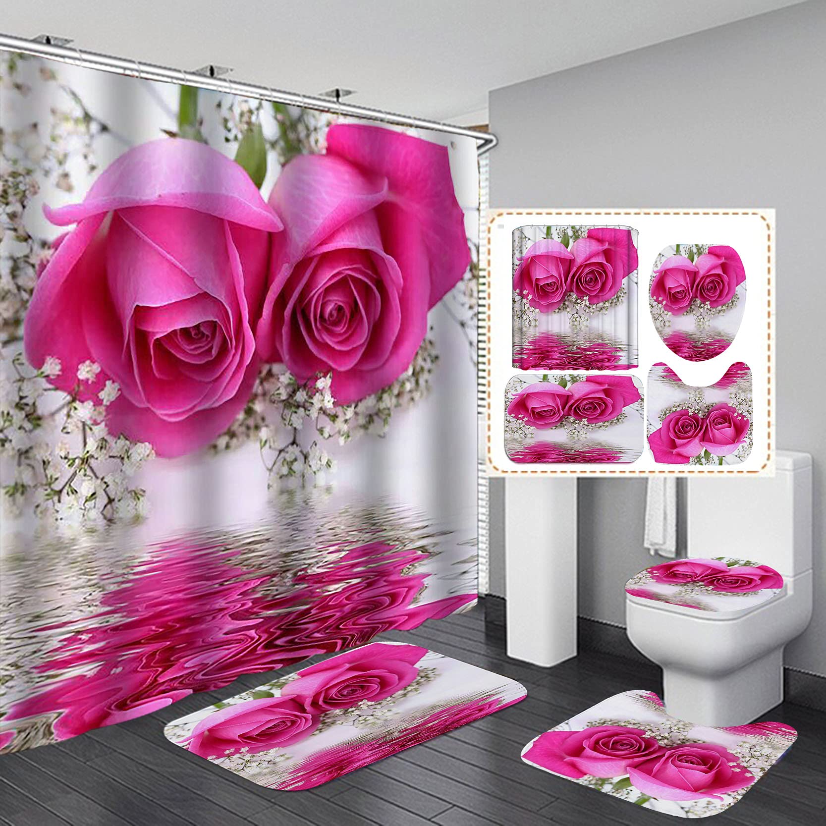 Tenda Doccia Personalizzabile VEKETE Rosa Vintage Con Rose E Farfalle 3D - Tessuto Impermeabile, 90x180 Cm, Include Ganci