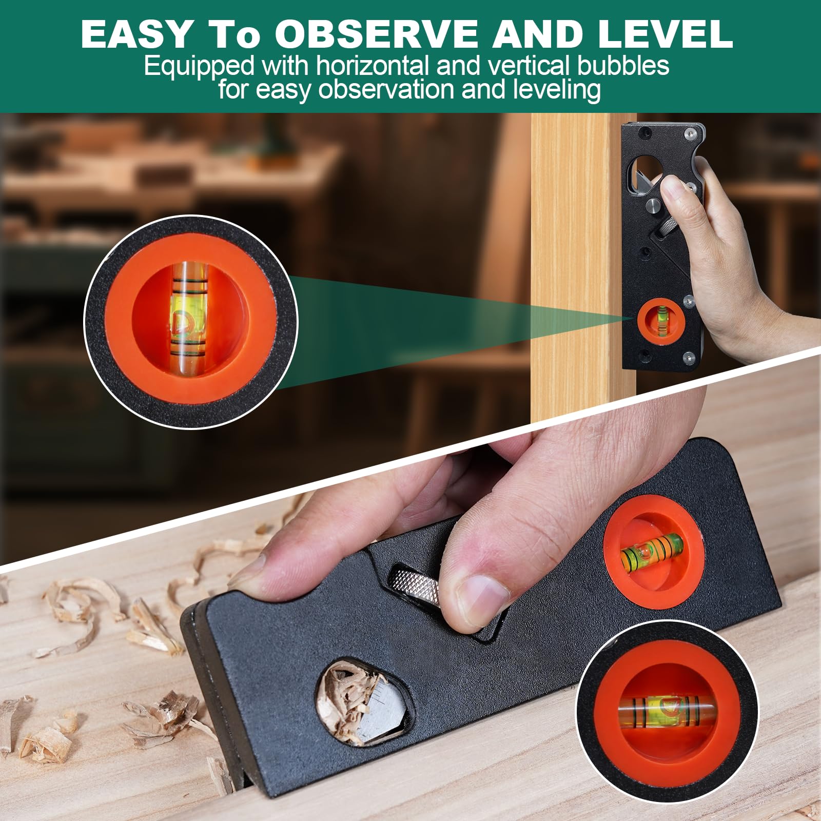 HYCHIKA - Herramienta de aplanamiento de esquinas de bordes para madera, cepilladora manual de 45° con 4 cabezales de corte, mango ergonómico, localización de burbujas, recortadora de bandas de bordes