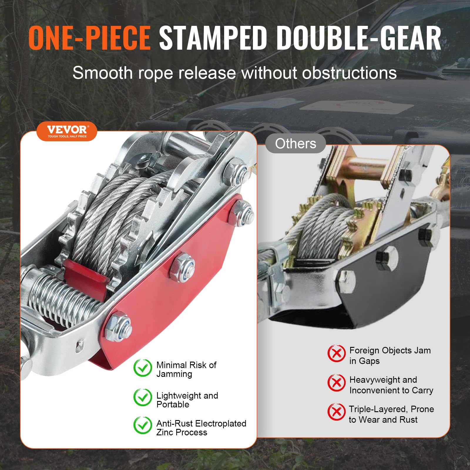 VEVOR Cabrestante de Tracción, Capacidad de Tracción de 4 T Cable de Acero de 3 m con 3 Ganchos, Herramienta Extractora de Trinquete Extractor de Cable de Elevación para Rescate de Vehículos