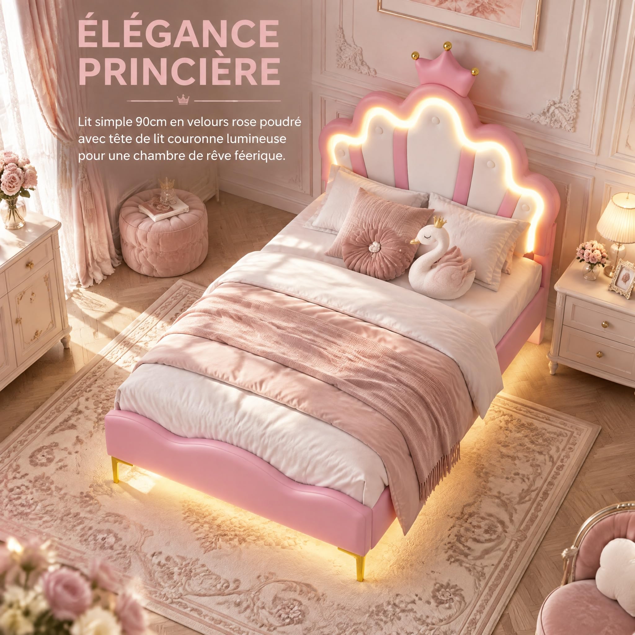 Wyściełane łóżko pojedyncze 90x200 cm z diodą LED, łóżko dziewczęce dla