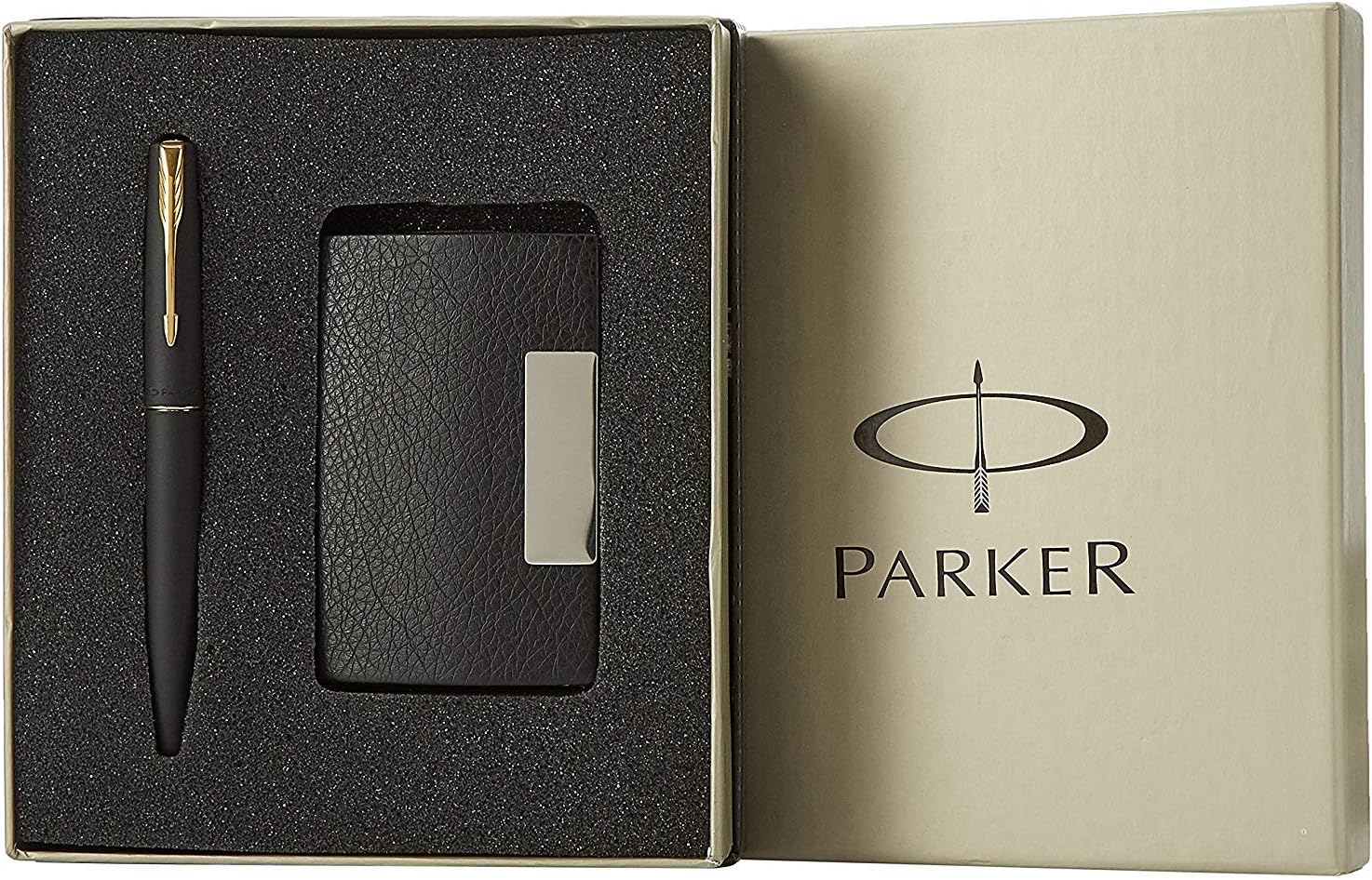 - Gift Set Frontier Matte Black Gold Trim Roller Ball Pen With Card Holder | 1 Pen + 1 Card Holder| Ink Color - Blue | Perfect For Employees | Unique Gifts For Entrepreneurs