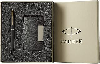 Parker Gift Set Frontier Matte Black Gold Trim Roller Ball Pen With Card Holder | 1 Pen + 1 Card Holder| Ink Color - Blue Price In India