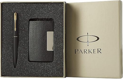 Parker Gift Set Frontier Matte Black Gold Trim Roller Ball Pen With Card Holder | 1 Pen + 1 Card Holder| Ink Color - Blue...