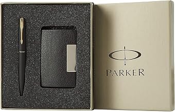 Parker Gift Set Frontier Matte Black Gold Trim Roller Ball Pen With Card Holder | 1 Pen + 1 Card Holder| Ink Color - Blue | Perfect For Employees | Unique Gifts For Entrepreneurs