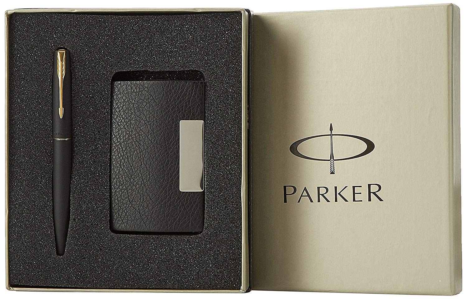 Parker Gift Set Frontier Matte Black Gold Trim Roller Ball Pen With Card Holder | 1 Pen + 1 Card Holder| Ink Color - Blue