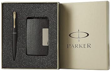Parker Gift Set Frontier Matte Black Gold Trim Roller Ball Pen With Card Holder | 1 Pen + 1 Card Holder| Ink Color - Blue | Perfect For Employees | Unique Gifts For Entrepreneurs