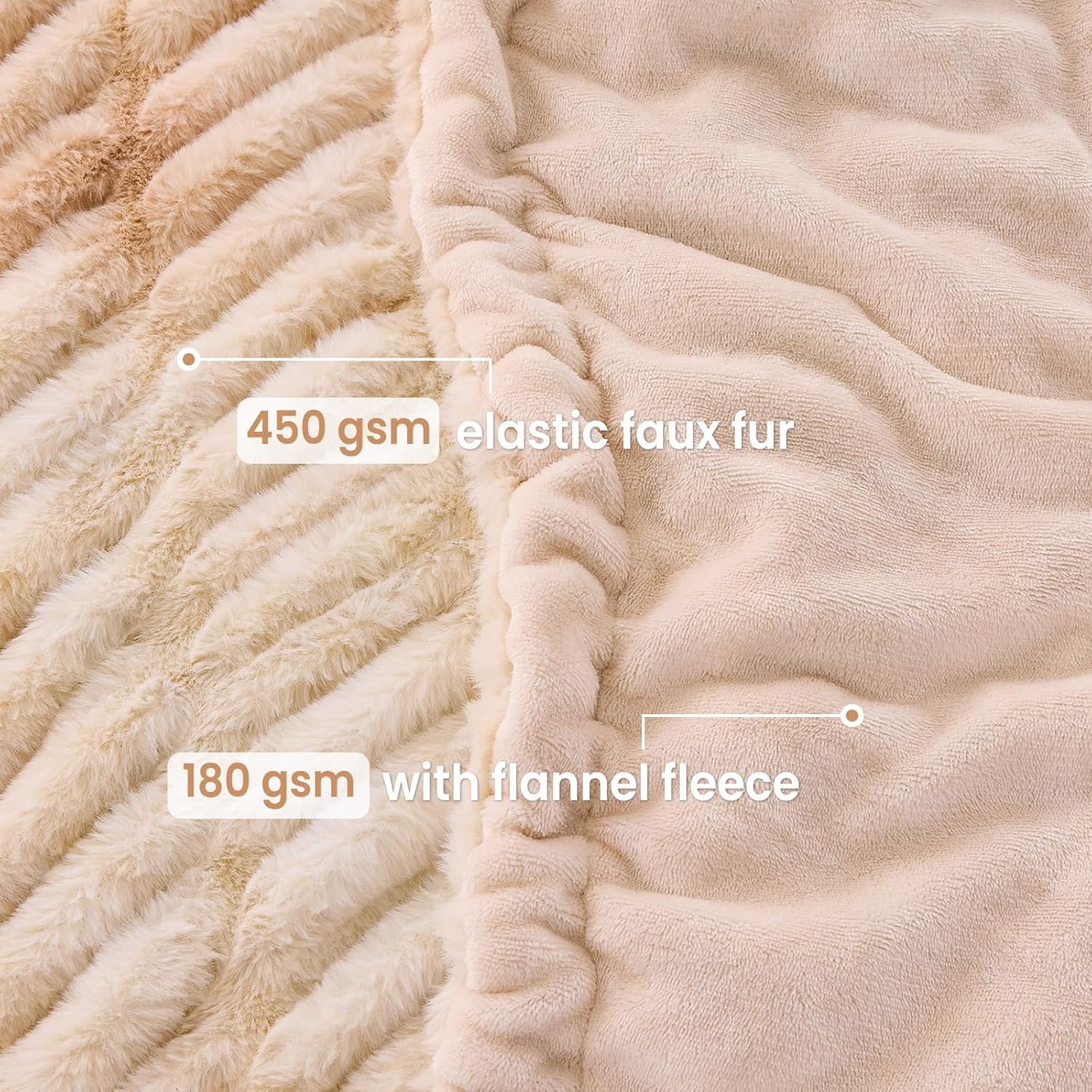 Softan Extra Soft Faux Fur Blanket, Warm Striped Faux Fur Throw Blanket with Flannel Fleece Reverse for Couch Sofa Bed Living Room, Beige- 60"x 80"