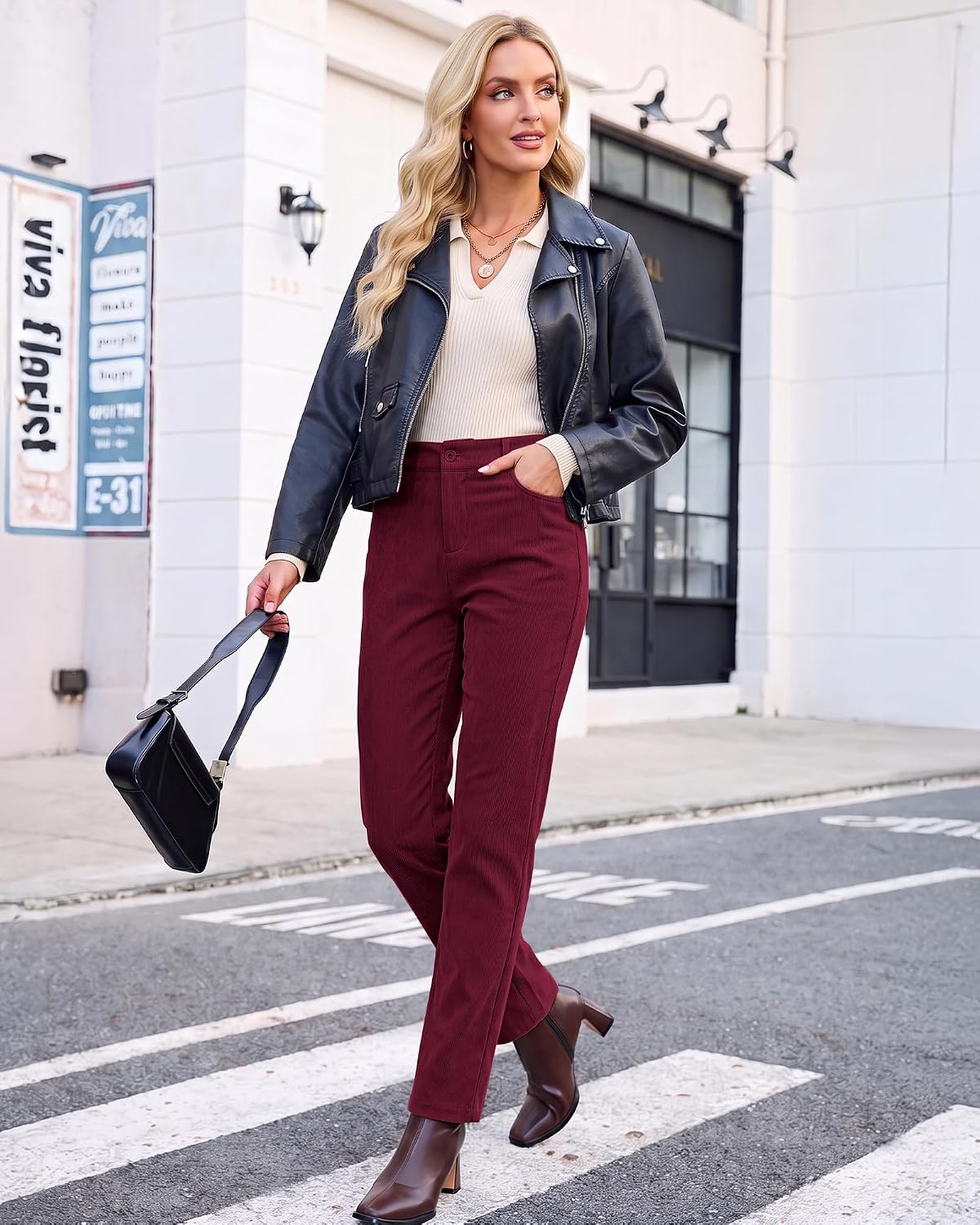 Vetinee Corduroy Pants for Women Elastic High Waisted Straight Leg Trousers
