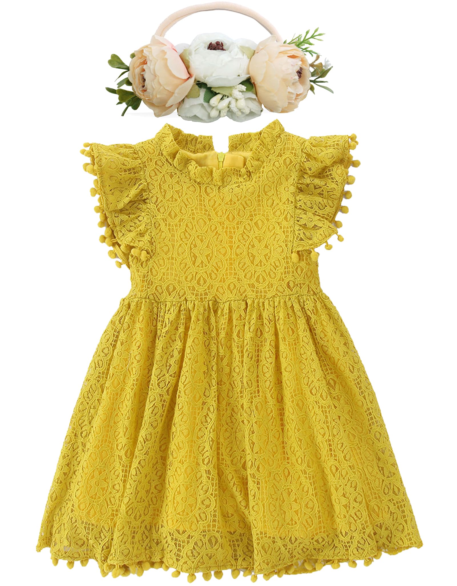 BGFKS Baby Girl Tutu Dress Elegant Lace Pom Pom Flutter Sleeve with Flower Headband Set