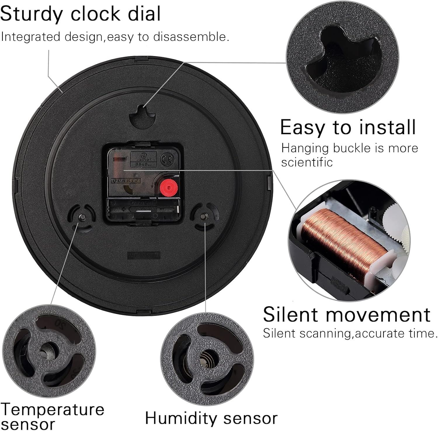 2 Pack 8 Inch Wall Clocks, Sweep Silent Movement Accurate Clocks with Temperature & Humidity, 1 PCS Black Clock and 1 PCS White Clock