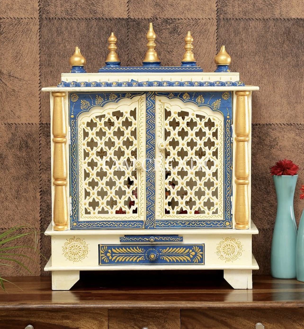 TAM Creatio Wooden Pooja Mandir |Indian| |Hindu| |Decoration| |Puja| |Cabinet| |Temple| |Bhagwan| |Stand| |Mandapam| |Wall| |Hanging| Decor for Home in USA (22x11x28 Inches) (22x11x28 Inches)