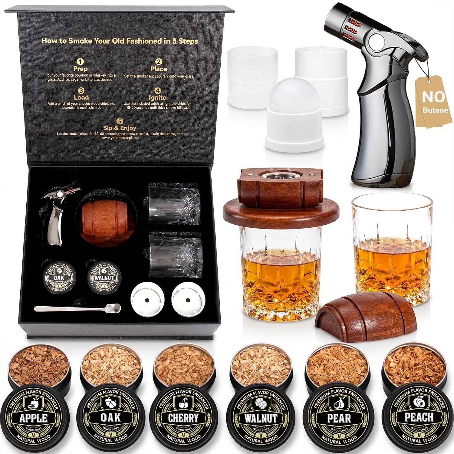 Whiskey Smoker Kit with Torch(No Butane), Handcrafted Barrel Cocktail Smoker Top, Luxury Magnetic Gift Box with Velvet Lining & Built-in 5-Step Guide, Bourbon Gifts for Men Dad