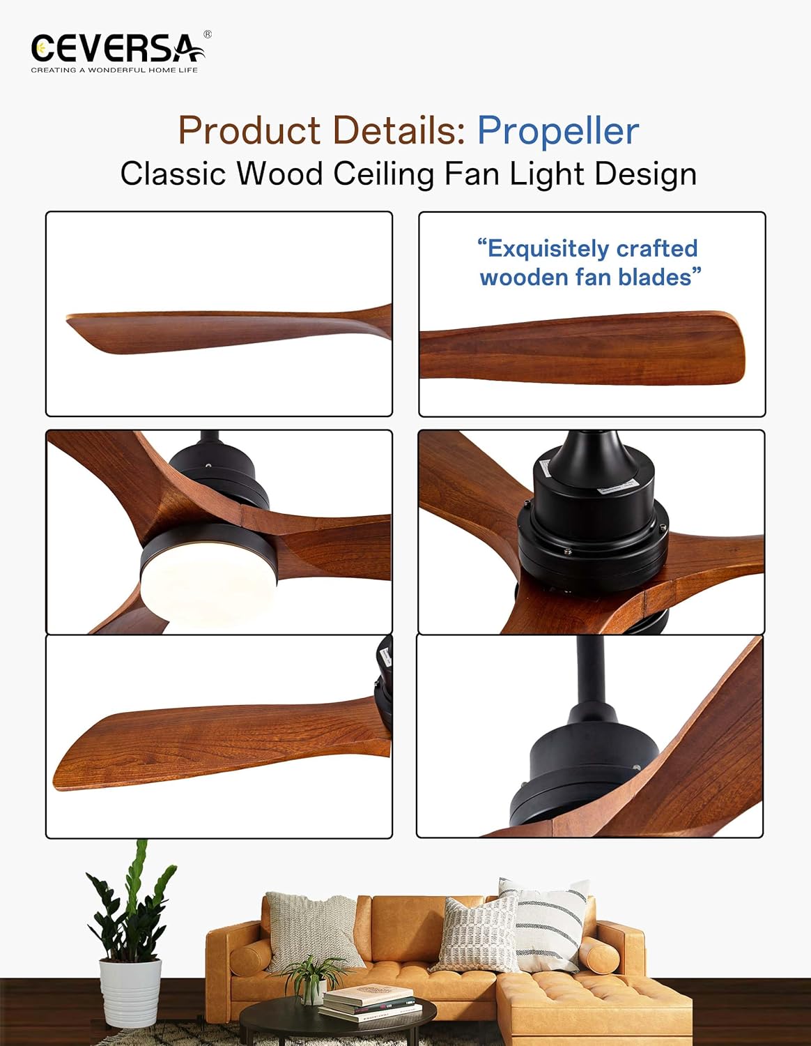 52 Inch Ceiling fans with Lights and Remote,Wood Outdoor Ceiling Fan for Patios with Dimmable LED Light,3 Blades Walnut,Noiseless Reversible DC Motor,Modern Fan for Indoor,Farmhouse