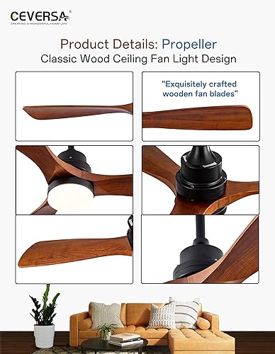 Miniatura 9 de Ceversa Ventilador de techo de madera maciza de 52 pulgadas con luz y control remoto, ventilador de techo de 3 aspas, silencioso hecho a mano, gris,