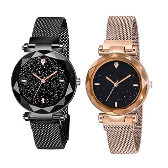 Shunya Black Round Dial with Latest Generation Rosegold Magnet Belt Analogue Watch for Women Pack of - 2