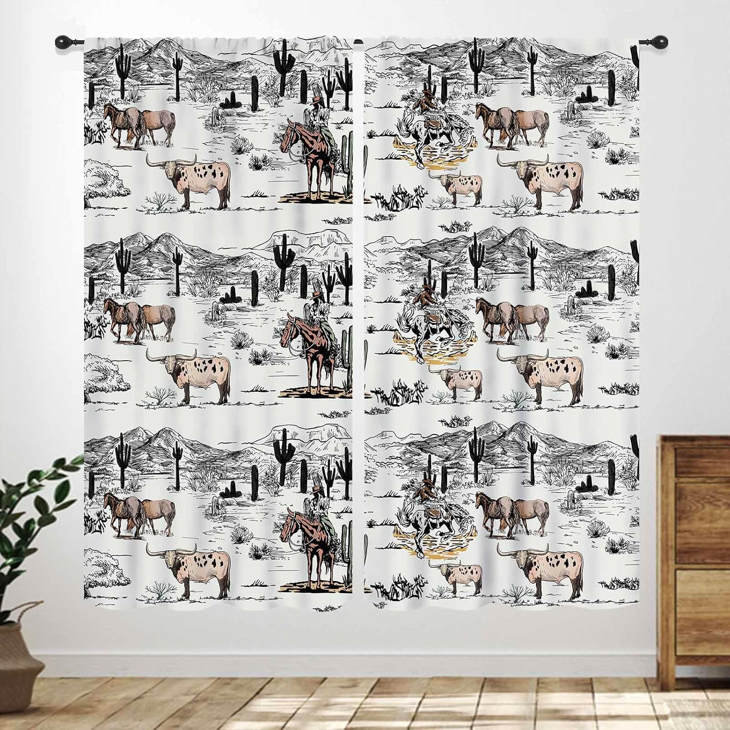 Western Cowboy Curtains,Wild West Cowboy Ride Horse Cactus Window Drapes Treatments for Bedroom,Farmhouse Country American West Theme Living Room Kitchen Curtains 2 Panels,42X54 Inch