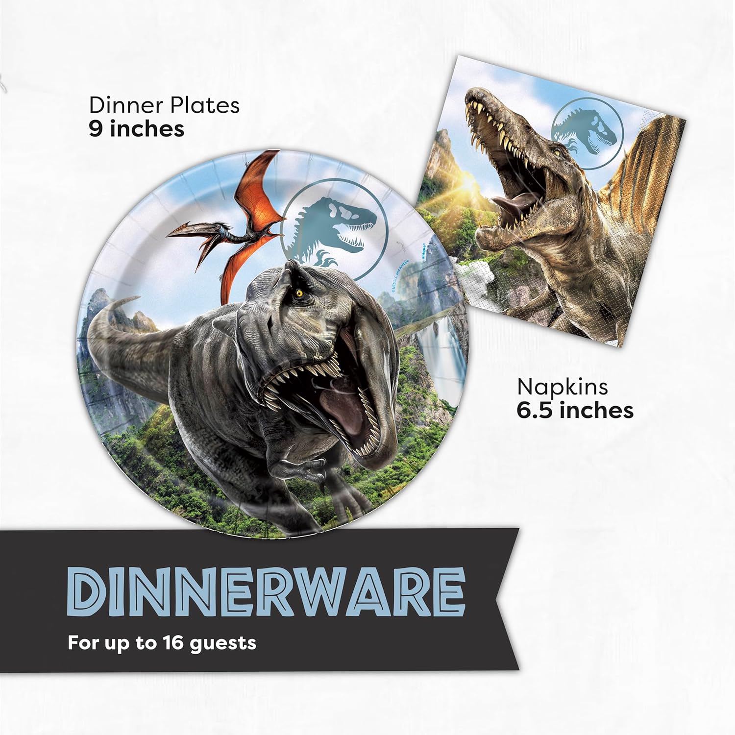 Jurassic Park Birthday Decorations for 16 | Banner, Tablecloth, Plates, Napkins | Officially Licensed Jurassic World Party Decorations