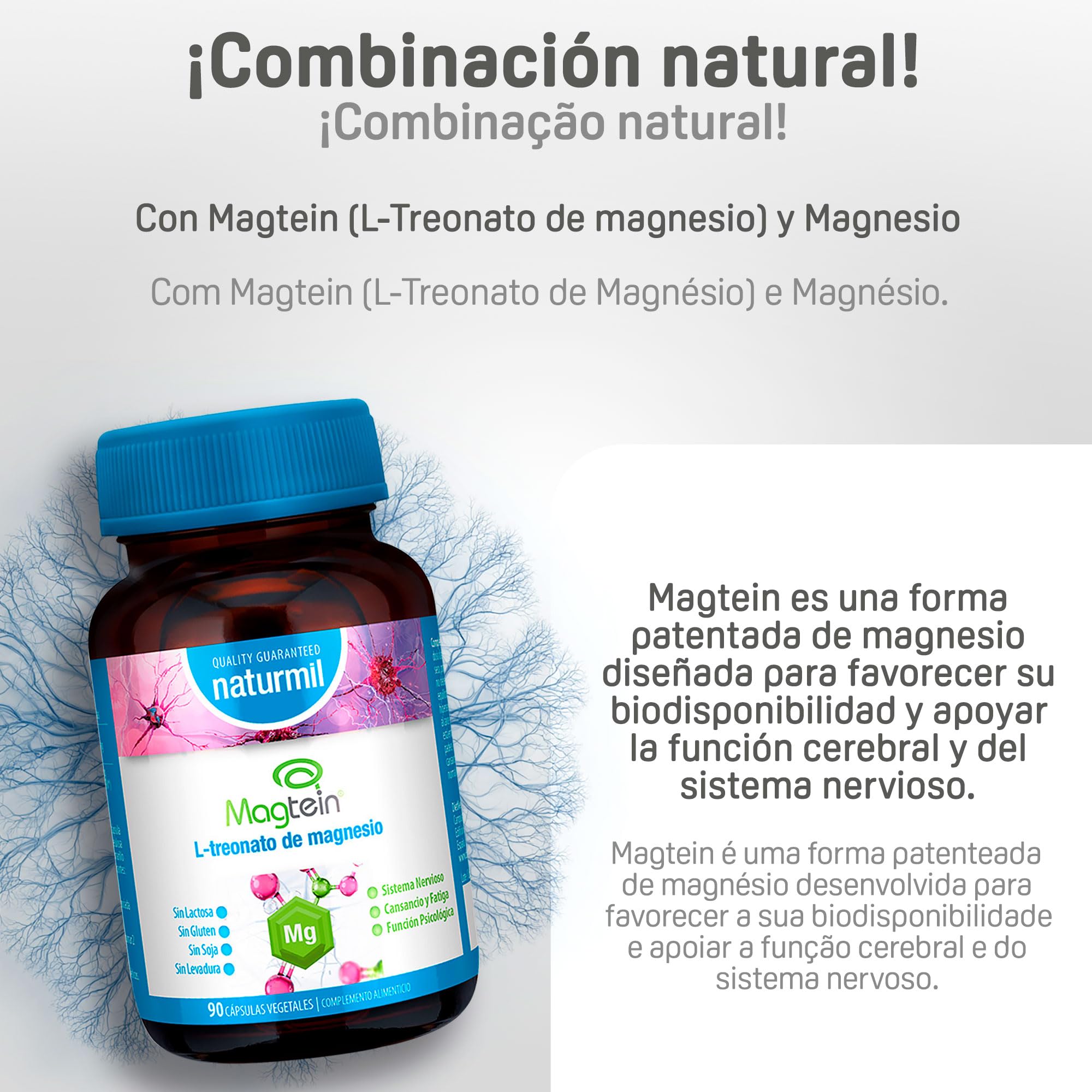 Magtein L-Treonato de Magnesio - Magnesio de Alta Absorción para Sistema Nervioso y Función Psicológica - Ayuda a Reducir Cansancio y Fatiga - 90 Cápsulas Vegetales - Dietmed