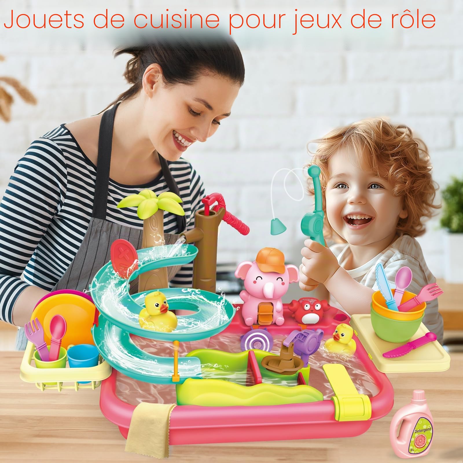 VATOS Évier de jeu avec eau courante, robinet électrique et manuel 2 en 1, jouet d'évier de cuisine, toboggan de canard, table à eau d'été, ensemble de lave-vaisselle pour enfants pour garçons et
