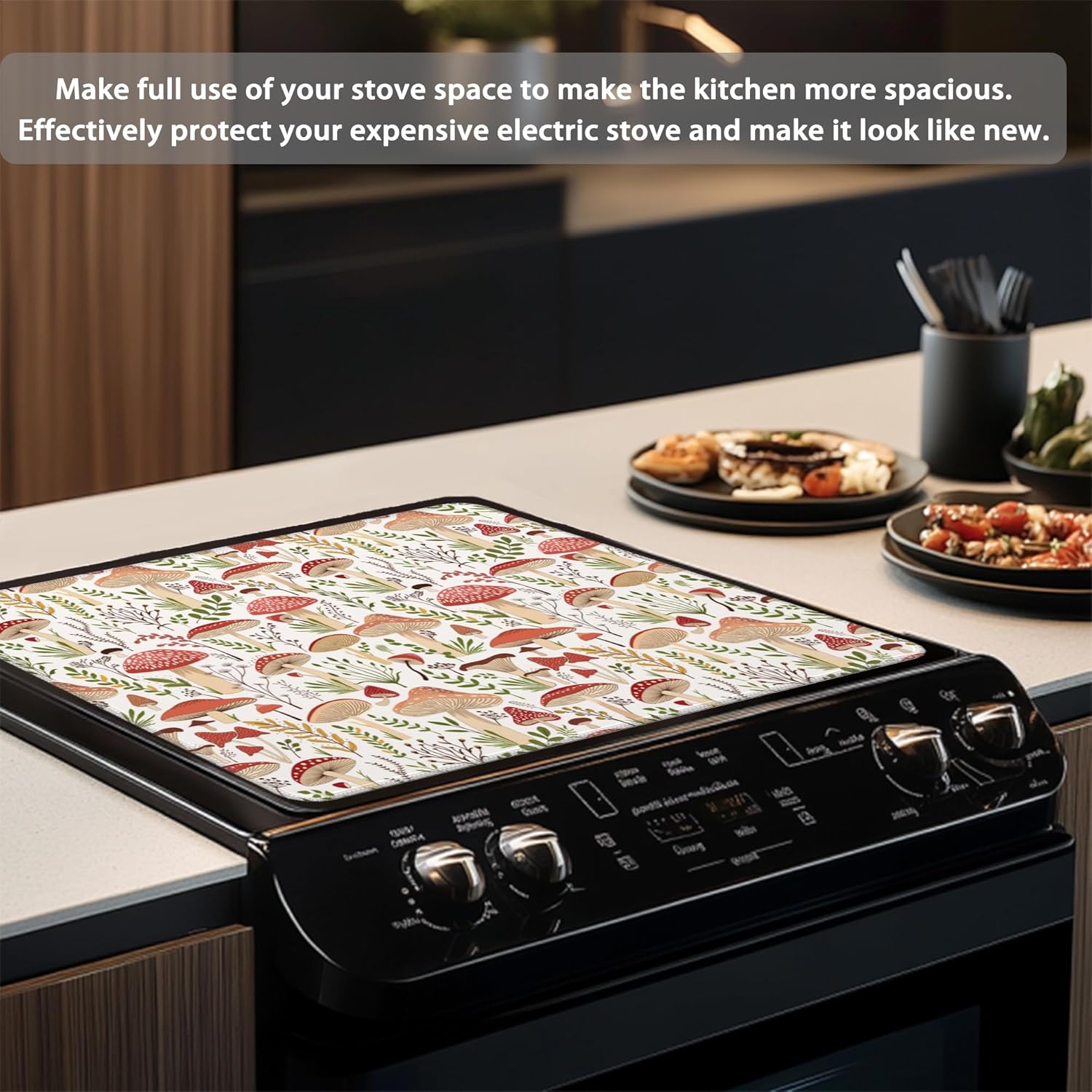 Stove Top Cover for Electric Stove,Mushrooms Plants Extra Thick Rubber Stovetop Protector Mat, Heat Resistant Glass Cooktop Oven Cover 28.5'' x 20.5''