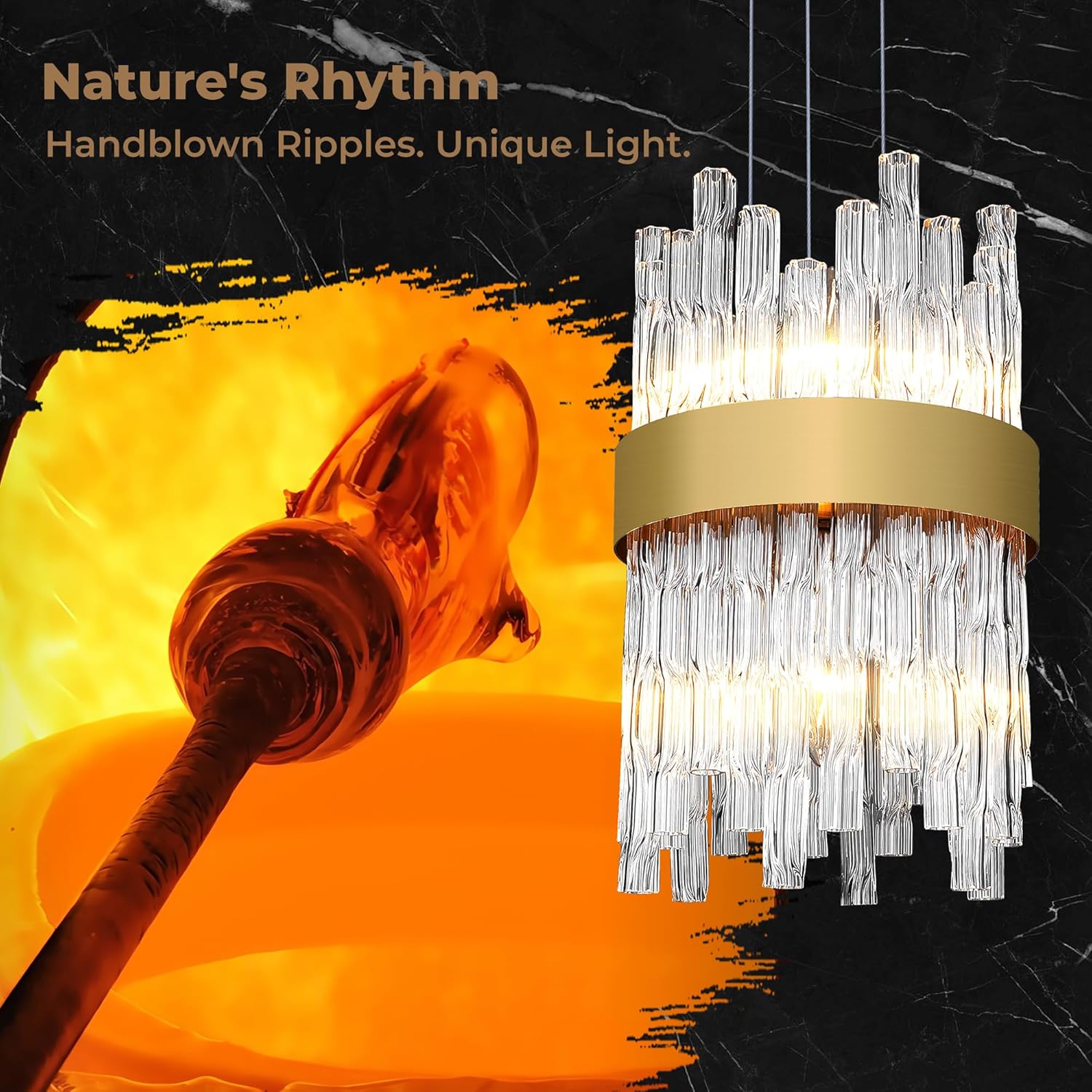 Modern Gold Pendant Light, Elegant Water Ripple Glass Shade, Height Adjustable Kitchen Island Chandelier for Dining Table, Bedroom
