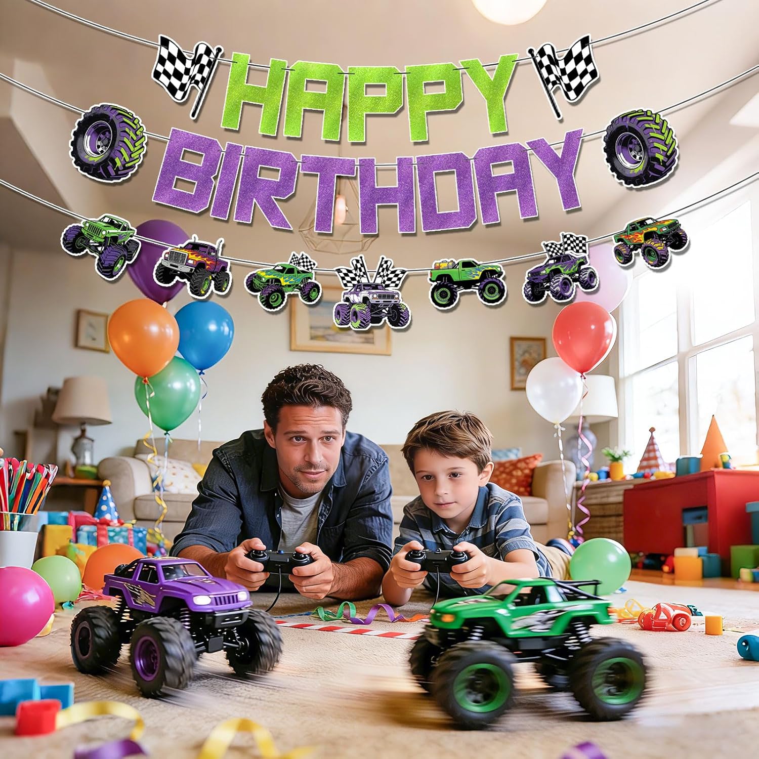Pre-strung Monster Truck Birthday Banner Monster Truck Party Decorations Green Purple Glitter Cars Birthday Banner Racing Theme Party Supplies Suitable for Boys Girls Baby Children Decor