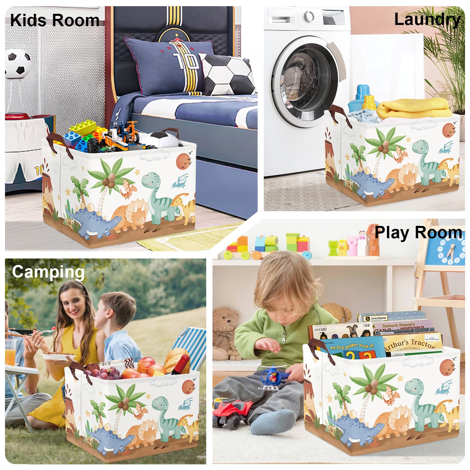 Grande Cesta Porta Biancheria Bambini Dinosauri Pieghevole Cestini Portaoggetti Giocattoli Vestiti per Bagno Cameretta, Marrone, 36L