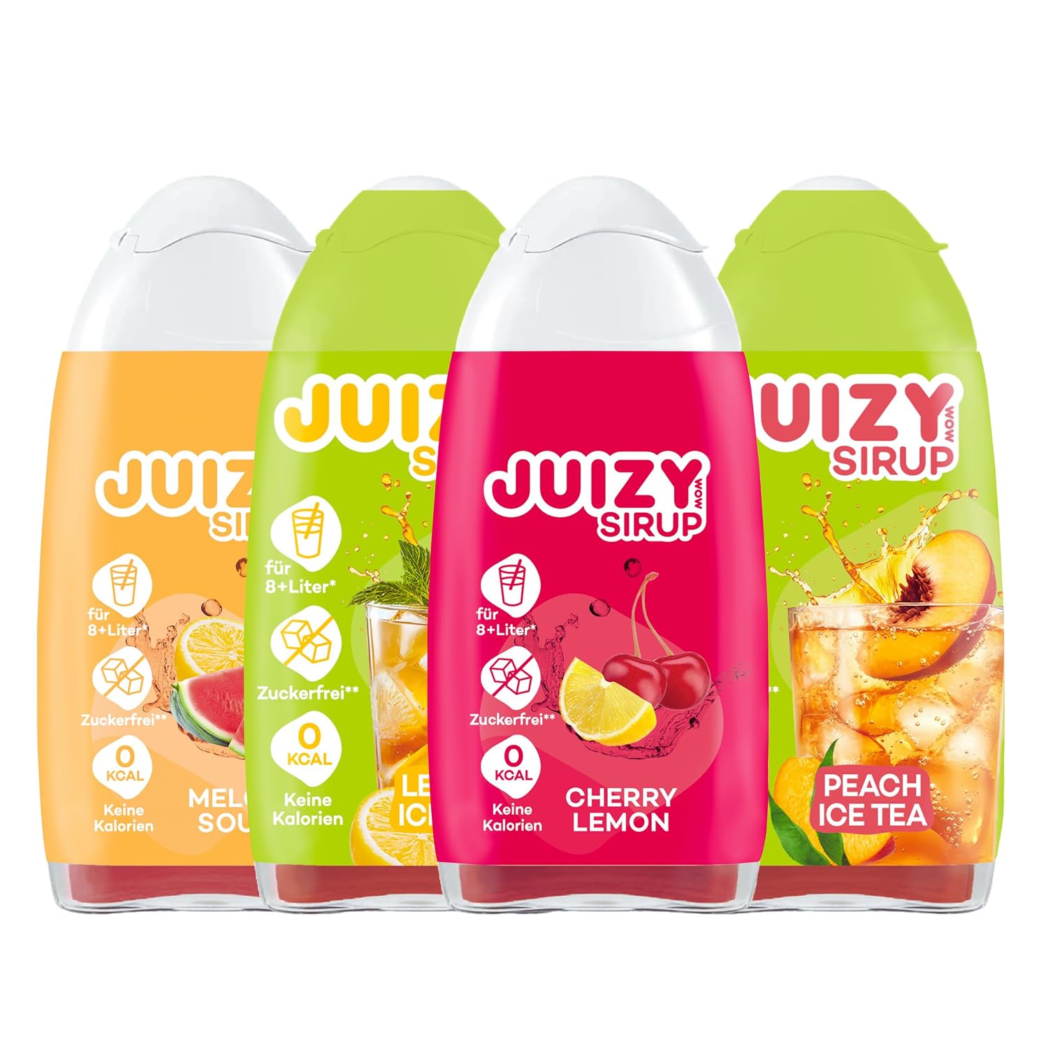 JUIZY WOW - Summer Syrup Starter Set Lemon Peach Cherry & Melon - Sugar-Free Drink Syrup Water Carbonator Compatible Natural Fruit Flavour - Low Calorie Vegan 4 x 65 ml