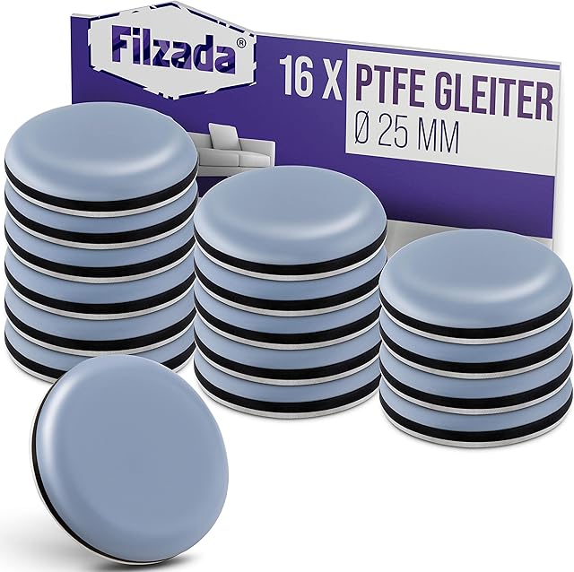 Filzada® 16x Ślizgacze teflonowe samoprzylepne - Ø 25 mm (okrągłe) - profesjonalne ślizgacze meblowe/ślizgacze dywanowe PTFE (teflon)