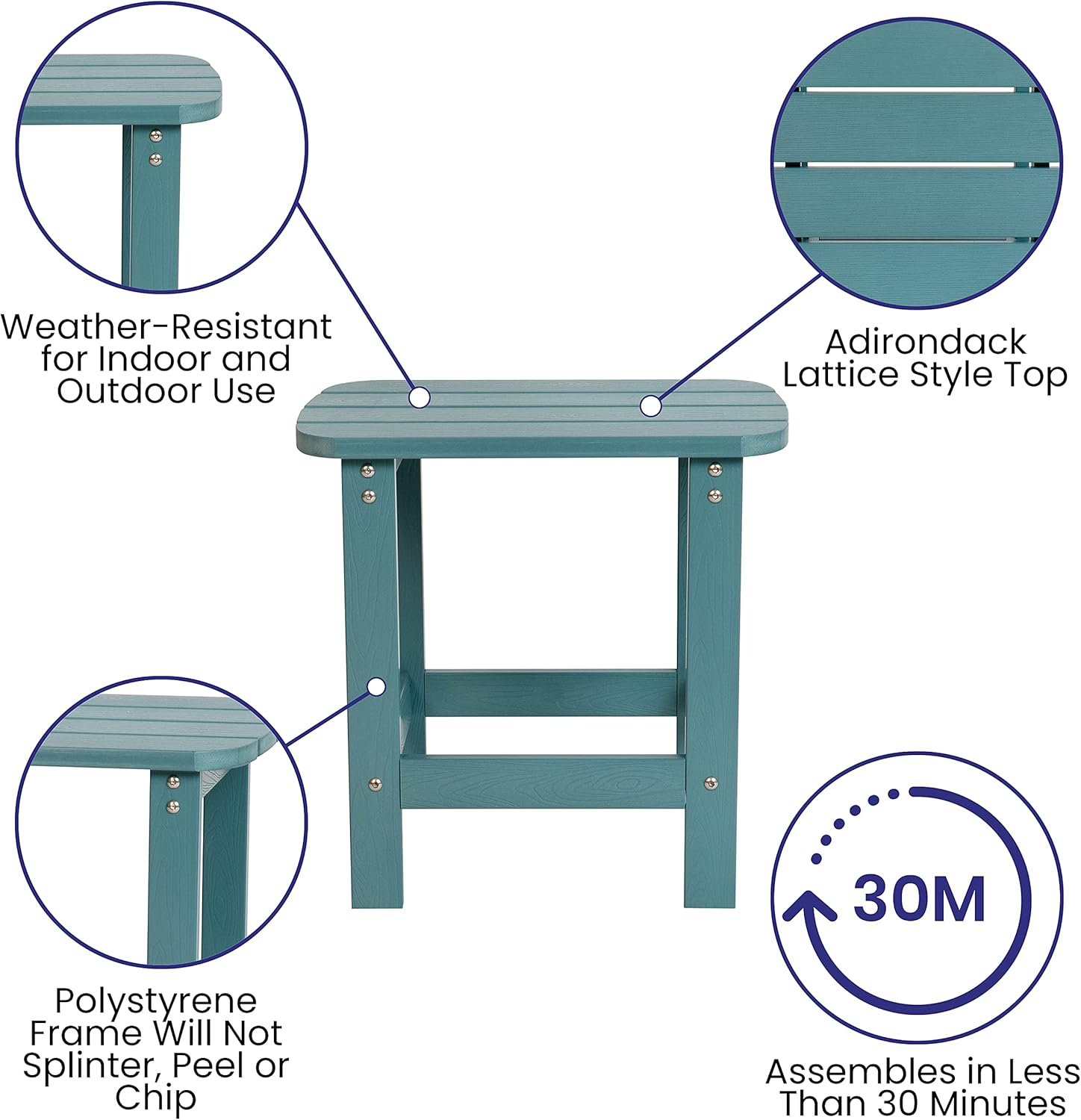 EMMA + OLIVER Hammond Adirondack Side Table - Teal Finish - Durable Polyresin Construction - Suitable for Indoor/Outdoor Use - UV Resistant