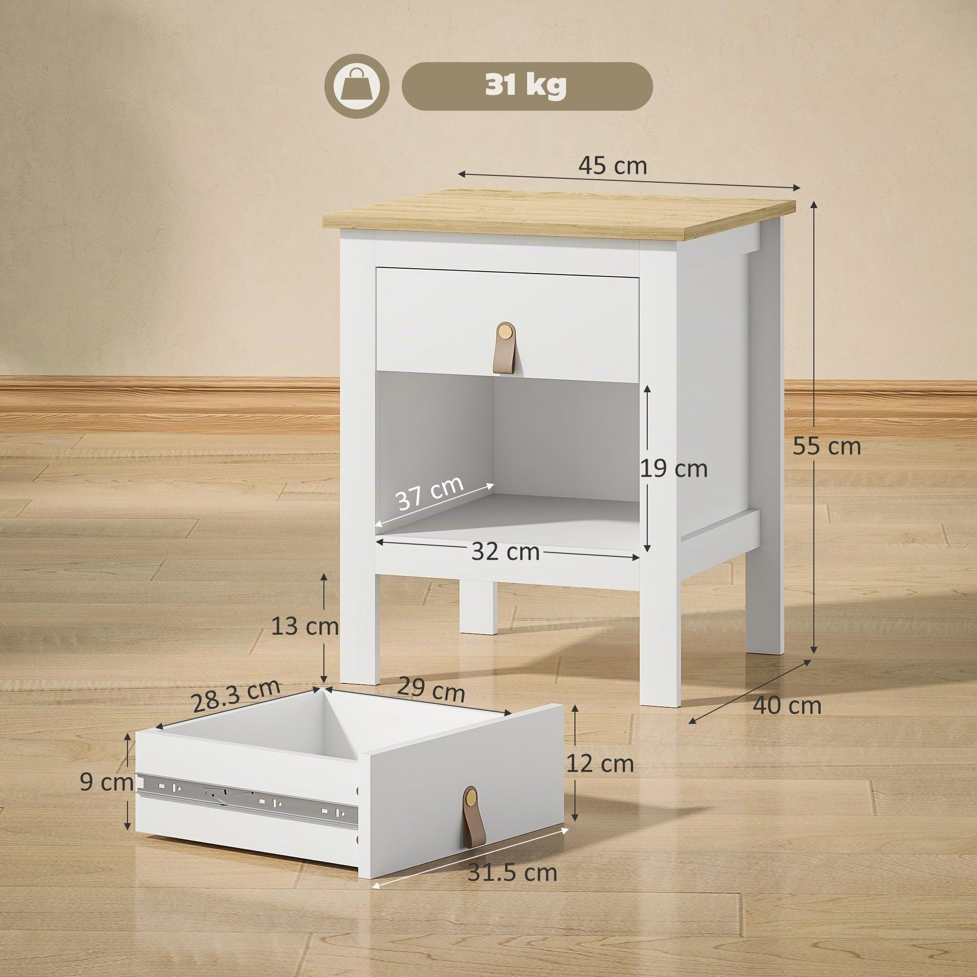 HOMCOM Set 2 Comodini Camera da Letto con Cassetto e Ripiano Aperto Portaoggetti, Coppia di Comodini Moderni in Legno, Tavolini per Divano, Soggiorno, Salotto, 45x40x55 cm, Bianco e Rovere