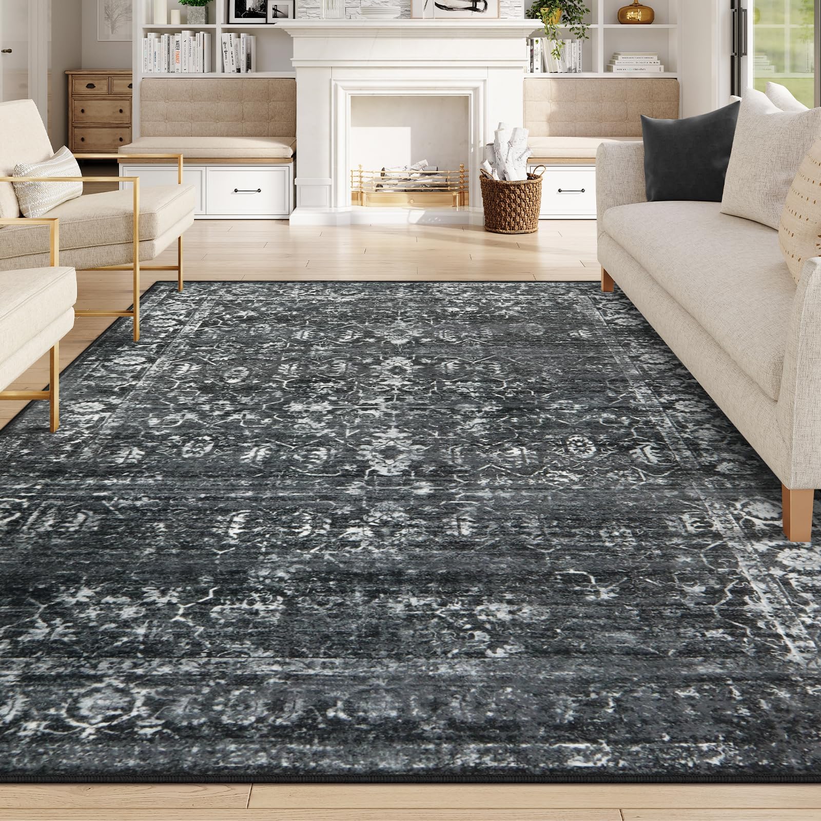 Lahome Margot 8x10 Area Rugs for Living Room Washable Rugs 8x10 Black Large Rug Indoor Carpet, Vintage Distressed Rug Soft Non Slip Area Rug for Bedroom Dining Room Home Office(8 x 10, Black/Grey)