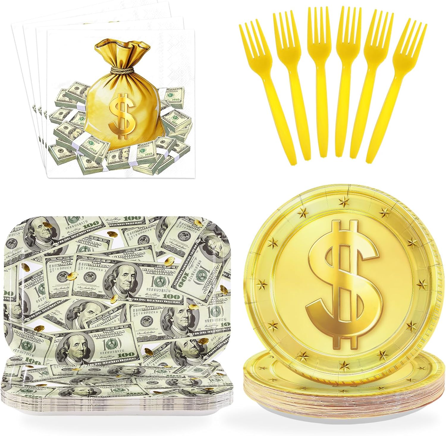 96 Pcs Money Party Decorations Hundred Dollar Bills Paper Plates and Napkins One Hundred Dollar Money Theme Tableware Sets for Birthday Casino Wedding Bachelorette Anniversary Party Supplies Serves 24