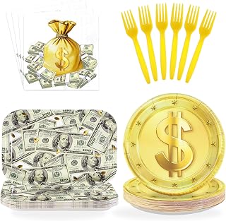96 Pcs Money Party Decorations for Women Men, Serves 24 | Hundred Dollar Paper Plates and Napkins One Hundred Dollar Tableware Sets for Birthday Casino Bachelorette Party Supplies